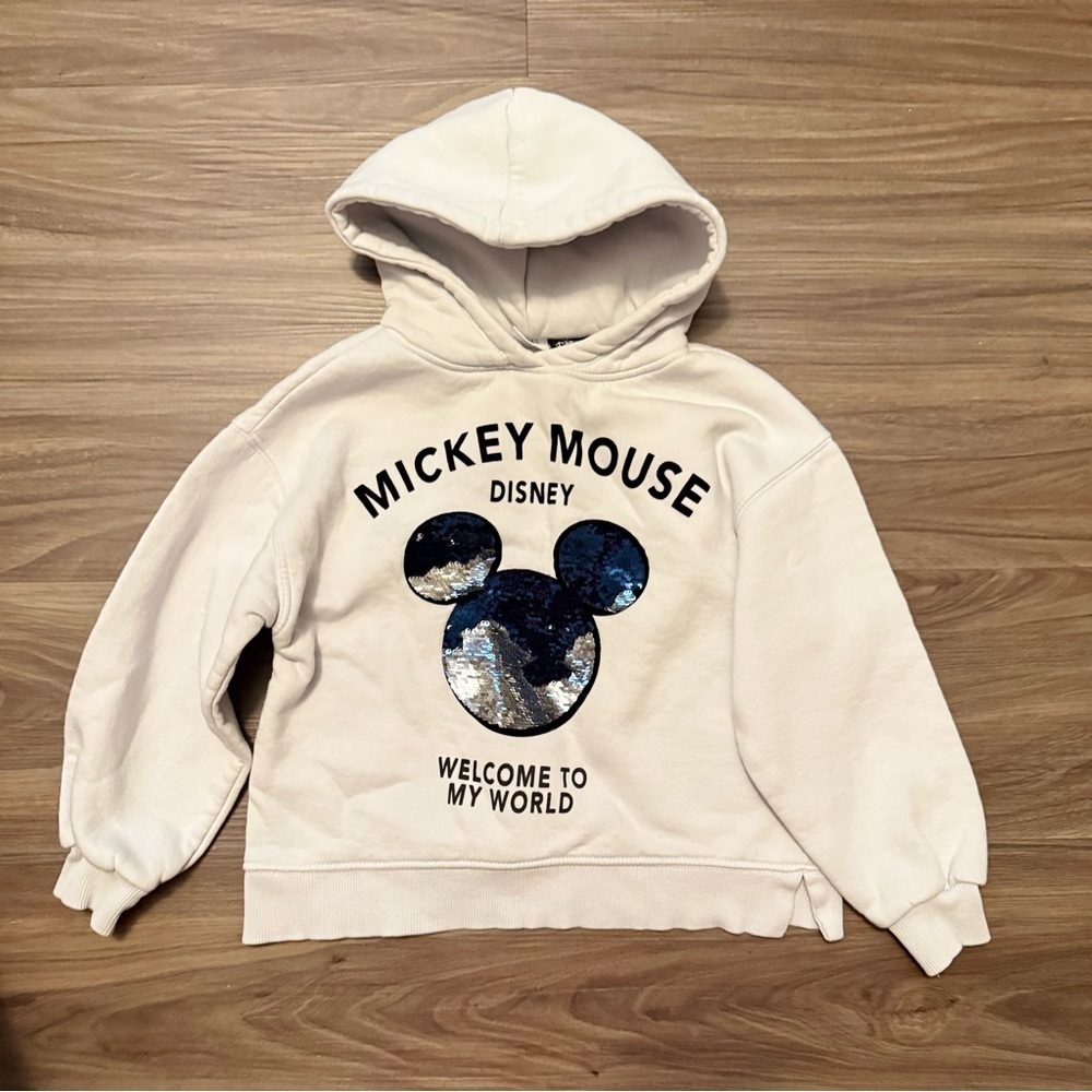 Zara Disney Cream Hoodie with Mickey Mouse Sequins Design size 7